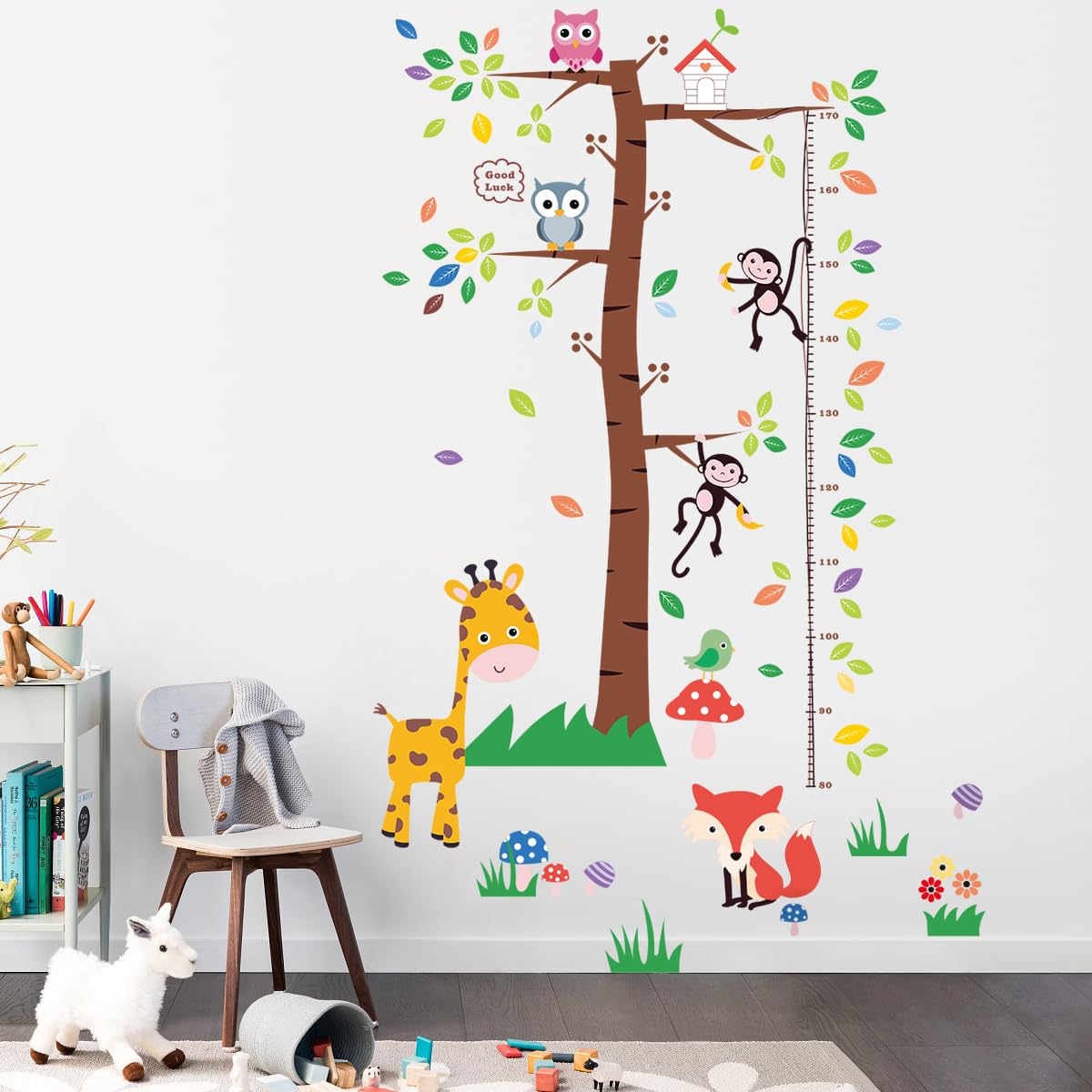 3D Cartoon Animal Height Growth Chart for Kids Wall Stickers Removable DIY Trees and Leaves Wall Stickers Vinyl Flowers Plants and Mushrooms Wall Art Decor for Nursery Kids Bedroom Living Room