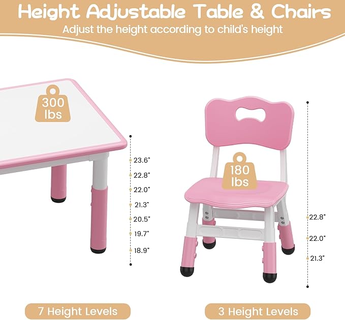 IDEALHOUSE Kids Table and 6 Chairs Set, Height Adjustable Toddler Table and Chair Set, Graffiti Desktop, Children Study Table for 6 for Home Daycare Preschool for Ages 2-10, Pink