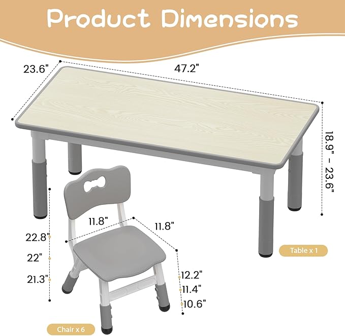 IDEALHOUSE Kids Table and 6 Chairs Set, Height Adjustable Toddler Table and Chair Set, Graffiti Desktop, Children Study Table for 6 for Home Daycare Preschool for Ages 2-10, Grey