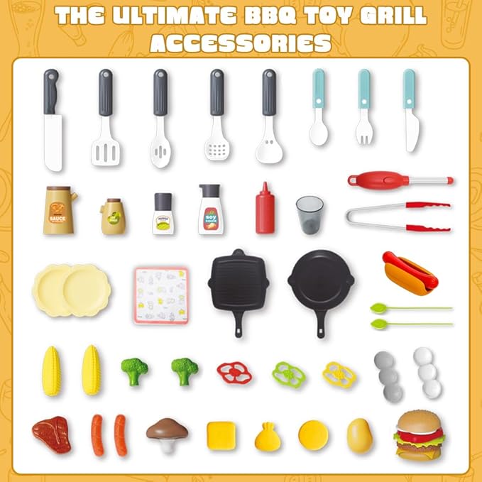 Kids Grill Playset, BBQ Toy Grill with Smoke Sound Light and Wheel, Movable Pretend Play Kitchen Toys Grills for Toddlers 3-5, 2-Layer Barbecue Play Food Christmas Birthday Gifts for Grandkids
