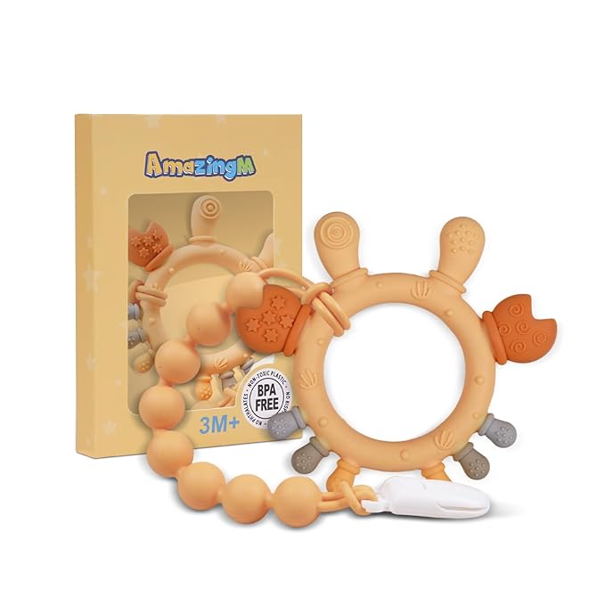 Baby Food Grade Silicone Teether Ring Toy with One Piece Design Pacifier Clip Holder,Teething Toys Gift Set for 3 Months+ Boys and Girls,Freezer Safe,BPA Free.(Yellow Crab)