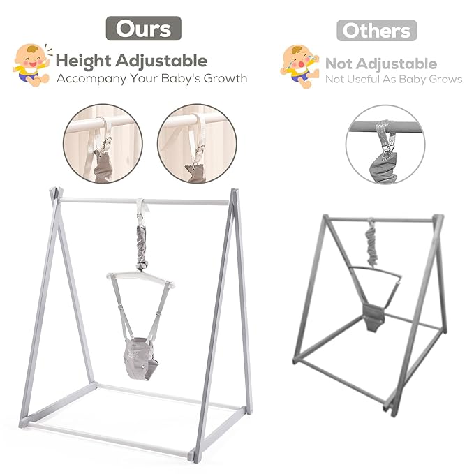 FUNLIO Montessori Wooden Baby Jumper with Stand for 6-36 Months, Adjustable Baby Bouncer for Indoor/Outdoor Play, Foldable Toddler Jumper for Baby Girl/Boy, Easy to Assemble & Store - Grey