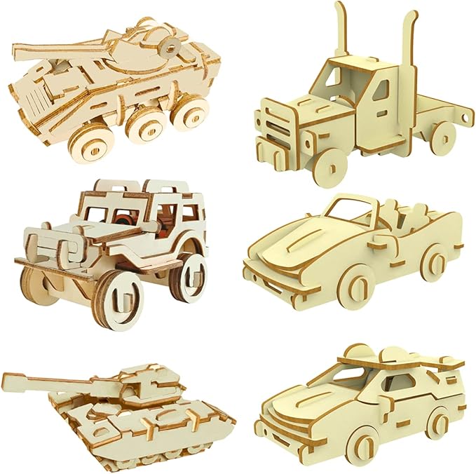 3D Wooden Puzzle - 6 Piece Set Wooden Car Brain Teaser Puzzle - DIY Assembly Car Building Model Kits - Wood STEM Toys Gifts for for Adults & Teens Birthday Gifts Christmas