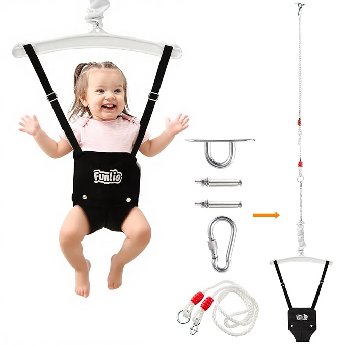 FUNLIO Baby Jumper with a Ceiling Hook for 6-24 Months, Infant Jumper Doorway with Adjustable Chain, Baby Door Jumper for Indoor/Outdoor Play, Easy to Assemble & Store (with a Ceiling Hook) - Black