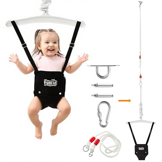 FUNLIO Baby Jumper with a Ceiling Hook for 6-24 Months, Infant Jumper Doorway with Adjustable Chain, Baby Door Jumper for Indoor/Outdoor Play, Easy to Assemble & Store (with a Ceiling Hook) - Black