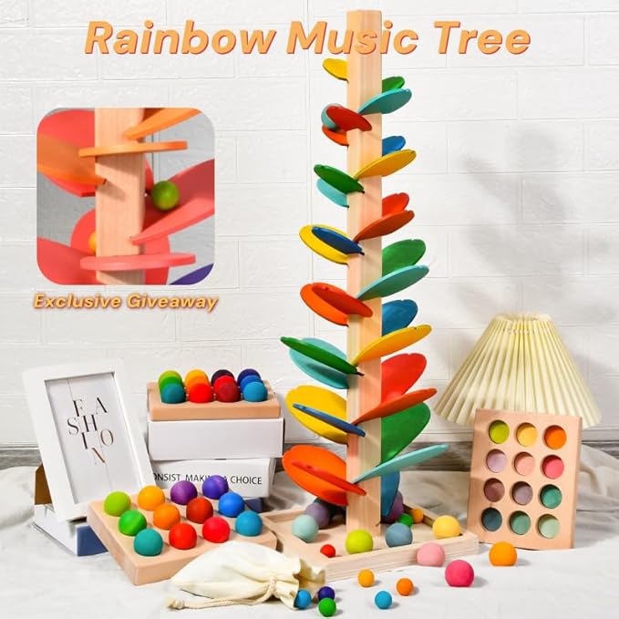 Wooden Marble Run Music Tree |Montessori Educational Ball Drop Toy for Kids Ages 4-8 |Marble Runs for Kids with Musical Track &Color Sorting |Natural Waldorf Wooden Toys Gift for Boys & Girls