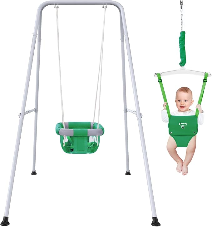 2 in 1 Baby Jumper with Swing-Indoor and Outdoor Use, Baby Jumpers and Bouncers, Toddler Swing with Foldable Stand（Green）
