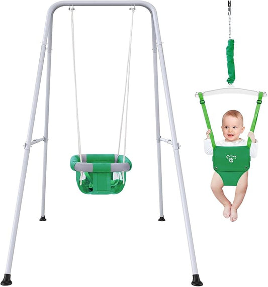 2 in 1 Baby Jumper with Swing-Indoor and Outdoor Use, Baby Jumpers and Bouncers, Toddler Swing with Foldable Stand（Green）
