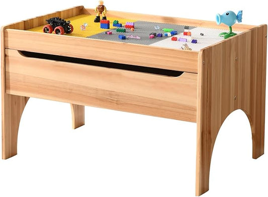 BIRASIL Wooden Kids Activity Table with Storage, Multi-Purpose Sensory Table for Children, Play Table Compatible with Building Block Board for Preschool Toddler Boy & Girl (Classic-with Drawer)