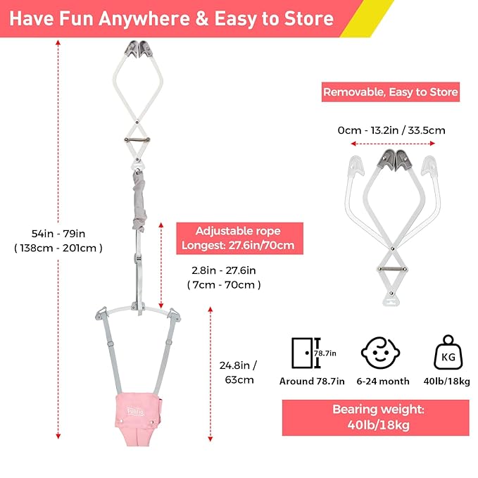 FUNLIO Baby Door Jumper for 6-24 Months (with Door Clamp), Baby Jumper Doorway with Strong Spring & Adjustable Strap, Portable Infant Baby Bouncer, Bearing 40 Lbs, CPC & CE Certified-Pink