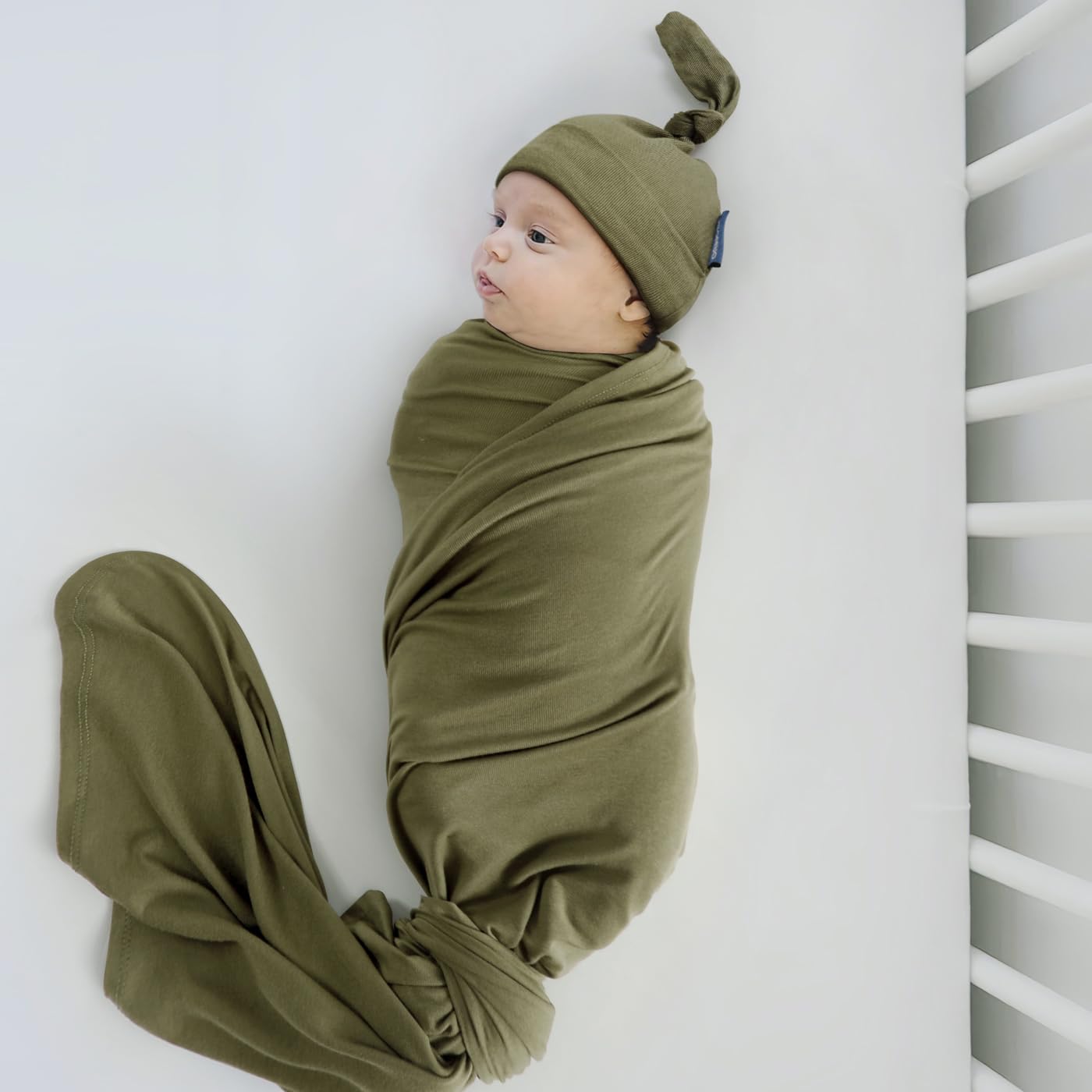 GRSSDER Newborn Swaddle Blanket, Ultra Soft Jersey Receiving Blanket with Matching Headband and Beanie Set, 47×47" Extra Large Nursery Swaddle Wrap for Girls and Boys