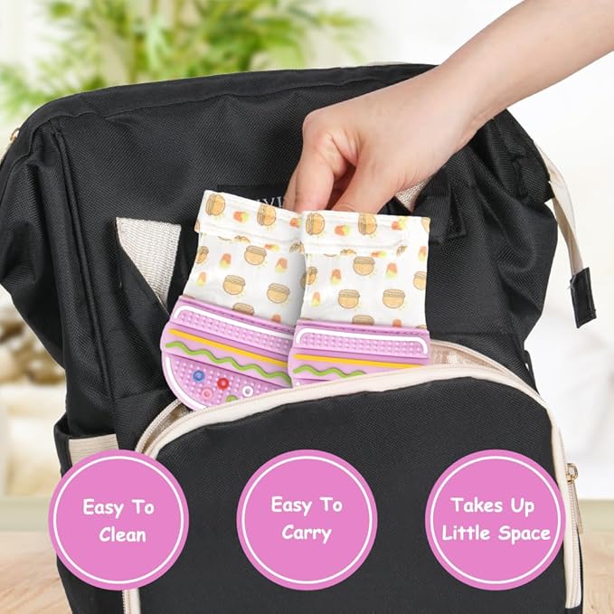 2Pack Silicone Teething Mitt, Hamburger Baby Teething Toy for 0-6 6-12 Months, Food Grade Silicone Infant Teething Mitten, BPA-Free Baby Chew Toys for Pain Relief, Sucking Needs