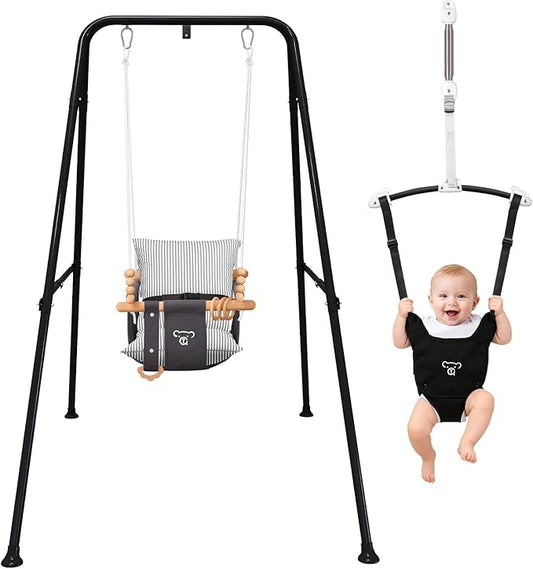 2-in-1 Baby Jumper & Swing - Foldable Stand, Stable Toddler Swing Set for Indoor & Outdoor Use (Black)