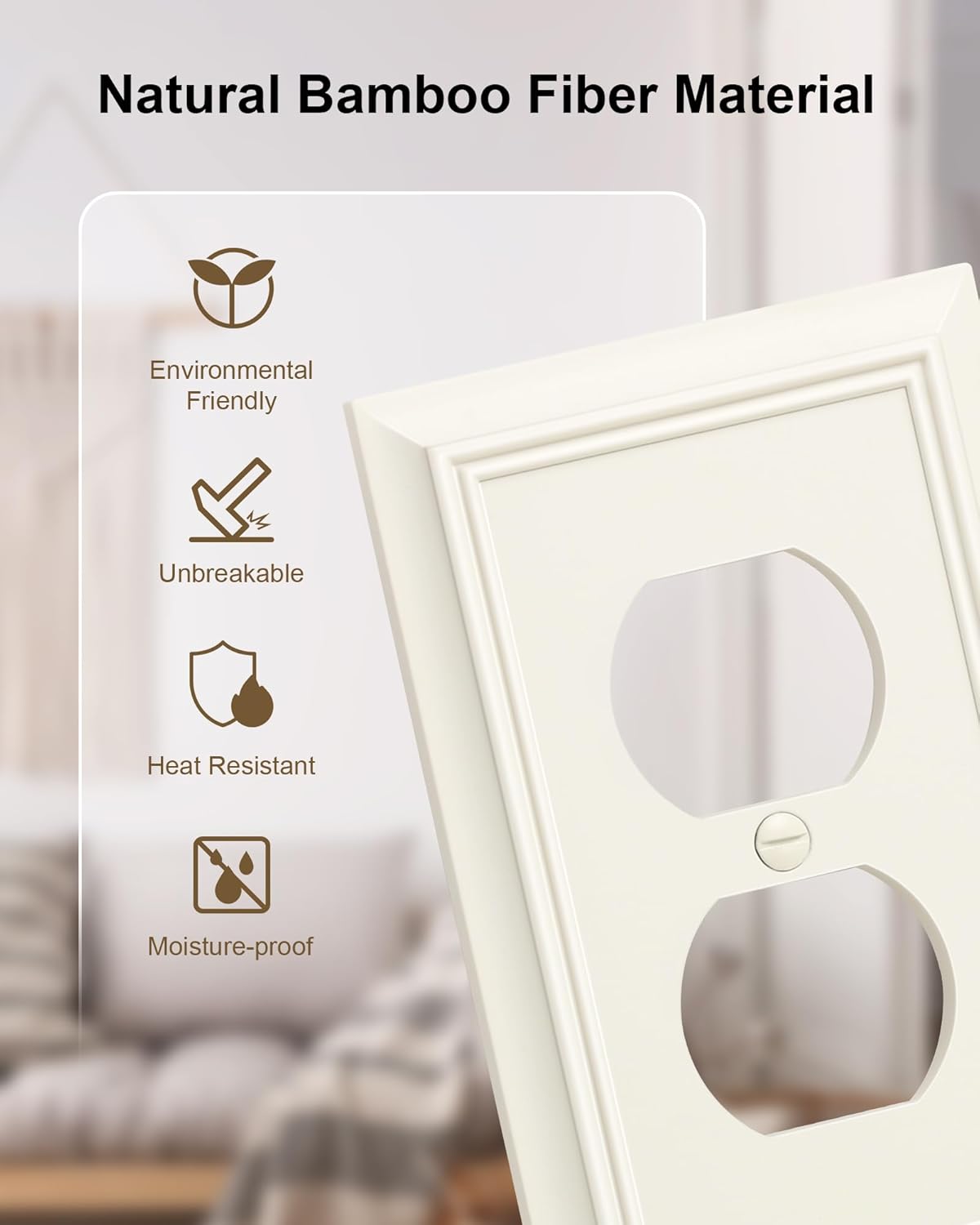 2-Pack Duplex Outlet Cover Plate, Decorative Light Almond Switch Plates and Outlet Covers, Natural Bamboo Fiber Wall Plates for Electrical Outlets, 1 Gang Receptacle Cover, Corrosion Resistant