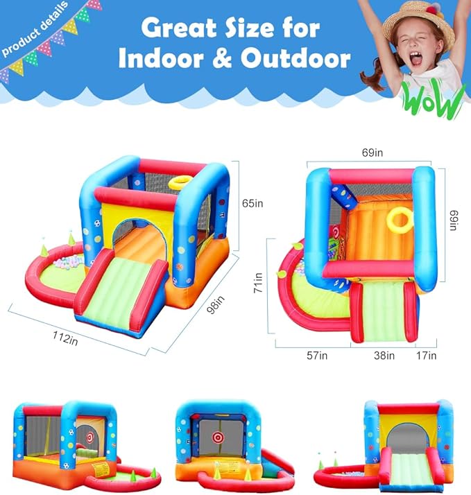 Step4Fun Inflatable Bounce House, Kids Castle Slide Bouncer for Children Jumping Outdoor and Indoor Party, Baby Backyard Water Jumper Toy with Blower, Ball Pit Pool, Ideal Gifts（112 x 98 x 65”）