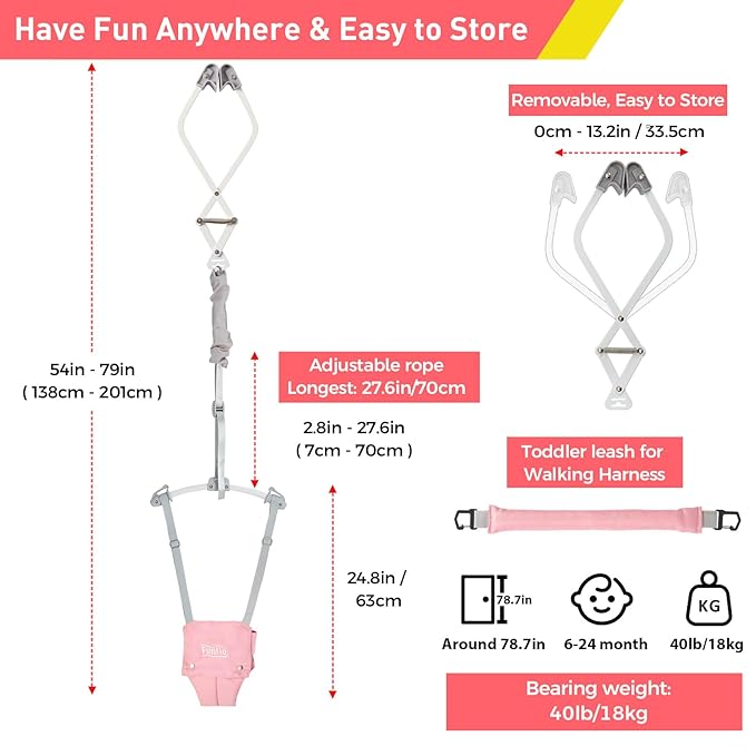 FUNLIO 2 in 1 Baby Door Jumper with Door Clamp, Baby Walking Harness for 6-24 Months, Infant Jumper Doorway with Strong Spring & Adjustable Strap, Easy to Assemble & Store - Pink