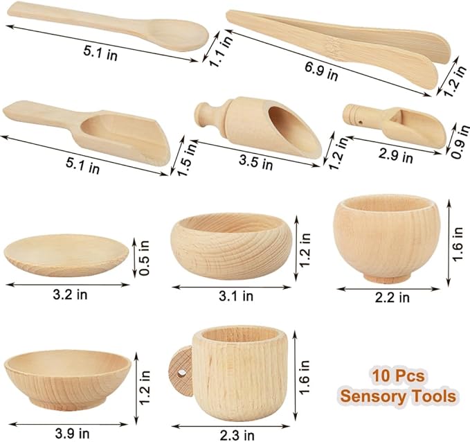 Yowlieu 10 Pcs Wooden Sensory Bin Tools for Toddlers & Preschool Children, Montessori Sensory Wooden Toys Fine Motor Learning Pretend Play Sensory Tools for Kids