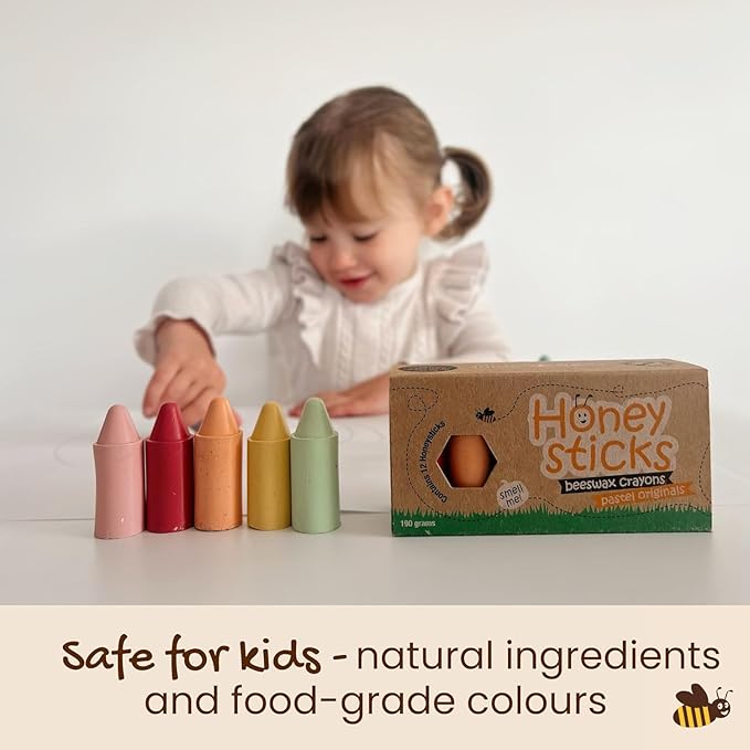 Honeysticks 100% Pure Beeswax Crayons (12 Pack) - Pastel Colored - Non Toxic Crayons for Toddlers 1-3, Safe for Baby from 1 Year Old Plus, Handmade with Natural Beeswax and Food-Grade Colors, Eco