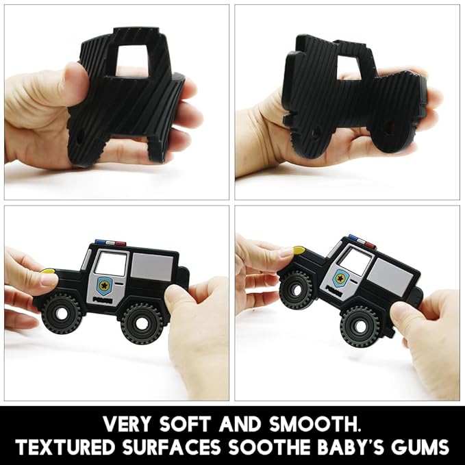 Baby Construction Vehicles Teething Toys,Food Grade Silicone Teether with One-Piece Pacifier Clip Holder,Shower Gift for 3 Months+ Boy and Girl,BPA Free,Freezer Safe. (Police Car)