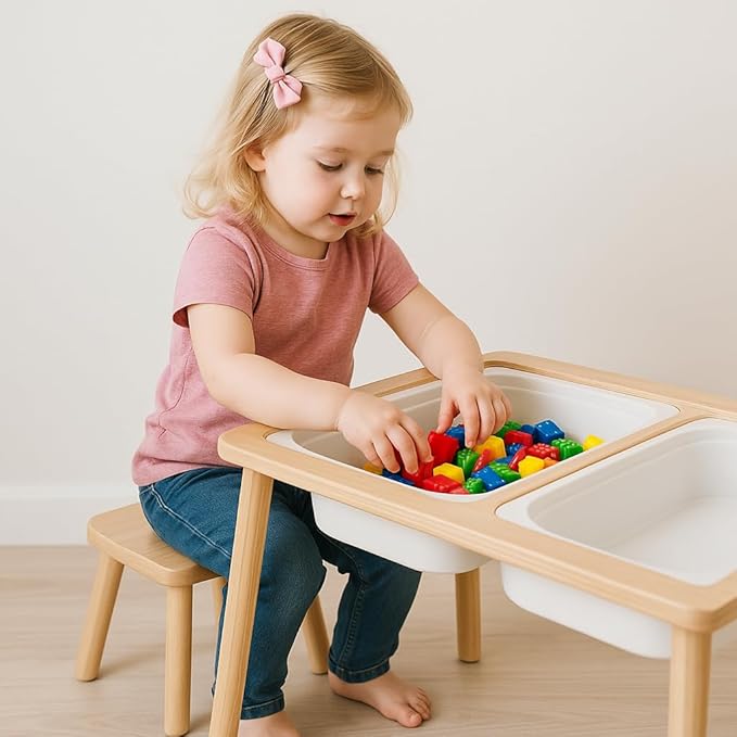 Sensory Table, Kids Activity Table, Wooden Play Table with Bins, Montessori Table, Chalk Board and Whiteboard