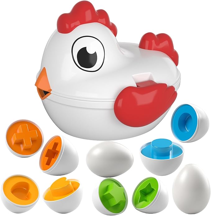 TEMI Toddler Chicken Easter Eggs - Color Matched Game Shape Sorter with 6 Toy Eggs for Kids 3-5, Fine Motor Skills Sensory Toys, Educational Gifts for 3-6 Girls Boys Baby