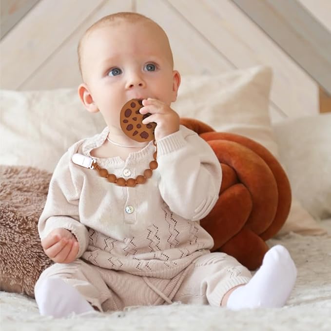 Baby Food Grade Silicone Teether Toy with One Piece Design Pacifier Clip Holder,Teething Toys Gift Set for 3 Months+ Boys and Girls,Freezer Safe,BPA Free. (Cookie)