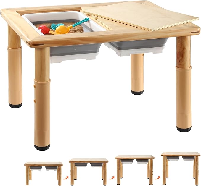 FUNLIO Wooden Sensory Table with 2 Bins for Toddlers 1-5, 4-Level Height Adjustable Kids Activity Table with Anti-Warping Plywood Lid, Indoor/Outdoor Play Sand and Water Table, CPC Certified