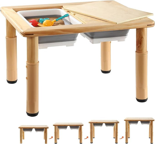 FUNLIO Wooden Sensory Table with 2 Bins for Toddlers 1-5, 4-Level Height Adjustable Kids Activity Table with Anti-Warping Plywood Lid, Indoor/Outdoor Play Sand and Water Table, CPC Certified