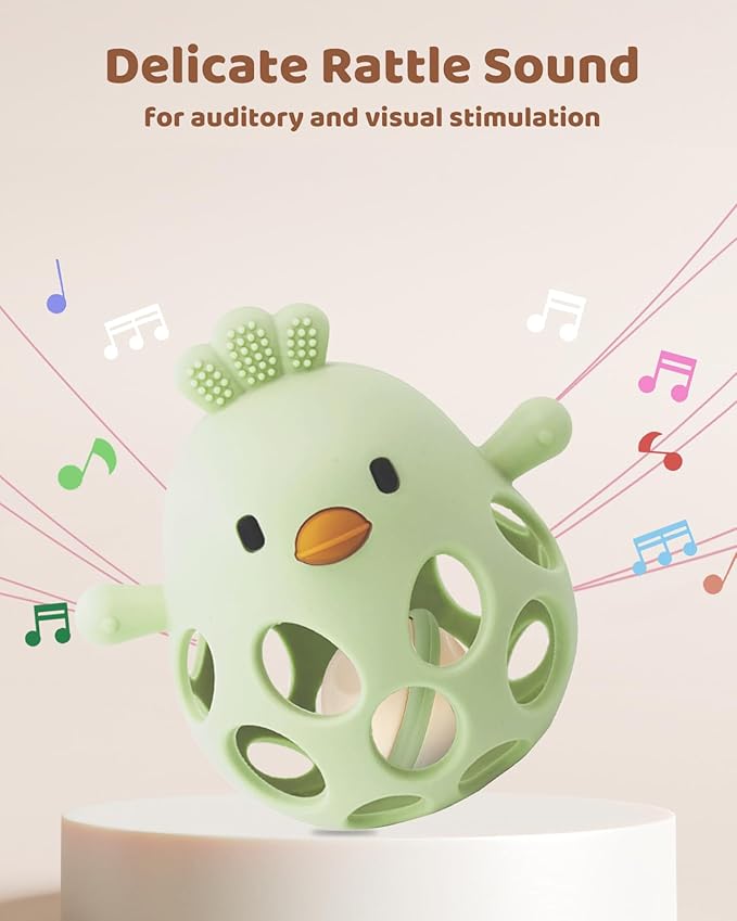 2-in-1 Baby Teething Rattle Toy, Sensory Grasping Teether for Infants 3-12 Months, 100% Food-Grade Silicone, Easy to Hold, Soothing & Developmental, BPA Free