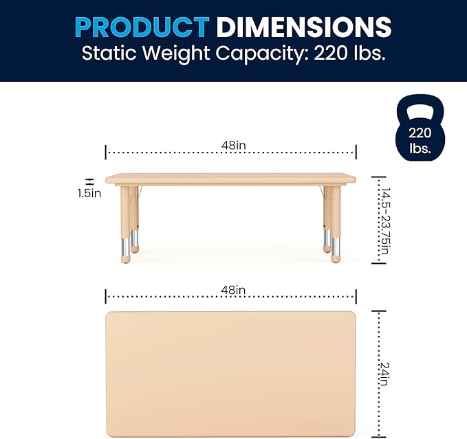 Flash Furniture Adjustable Classroom Activity Table with 6 Stackable Chairs, Rectangular Plastic Activity Table for Kids, 24" W x 48" L, Natural