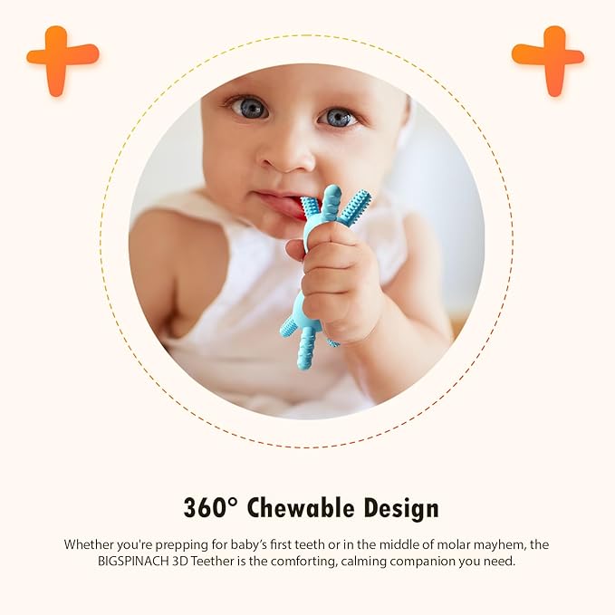 3D Baby Teether, BPA-Free Multi-Texture Silicone Teething Stick Toy,360-Degree Textured Design, Easy-Grip Design for Infants and Toddlers (Grey, 3D)