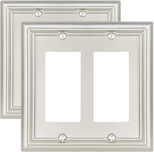 2-Pack Double Decorator Outlet Covers, Satin Nickel Wall Plates for Dimmer Switch, GFCI Outlet and Receptacal, Durable Metal, Midsize