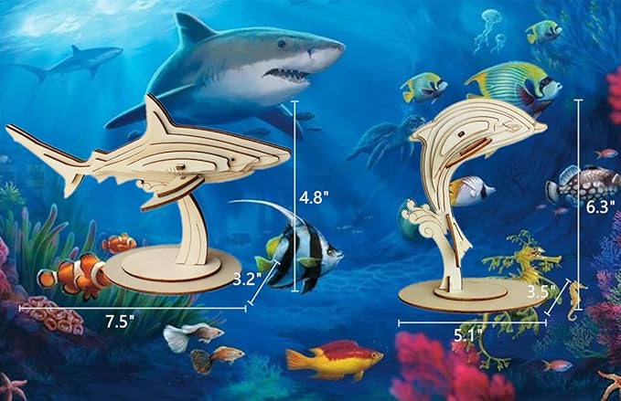 3D Wooden Sea Animal Puzzle - 6 Piece Set Wood Sea Animals Skeleton Assembly Model Kits - Wooden Crafts DIY Brain Teaser Puzzle - STEM Toys Gifts for Adults & Teens Birthday Gifts Christmas