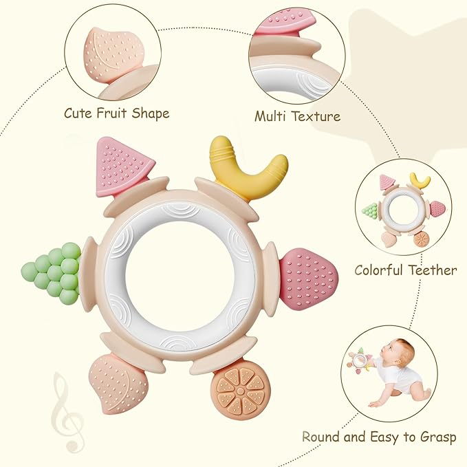 Hooku Silicone Teethers for Babies 6-12 Months, Teething Toys for Babies 0-6 Months, Baby Fruit Teethering Rings, BPA Free Baby Chew Toys, Infants Gifts
