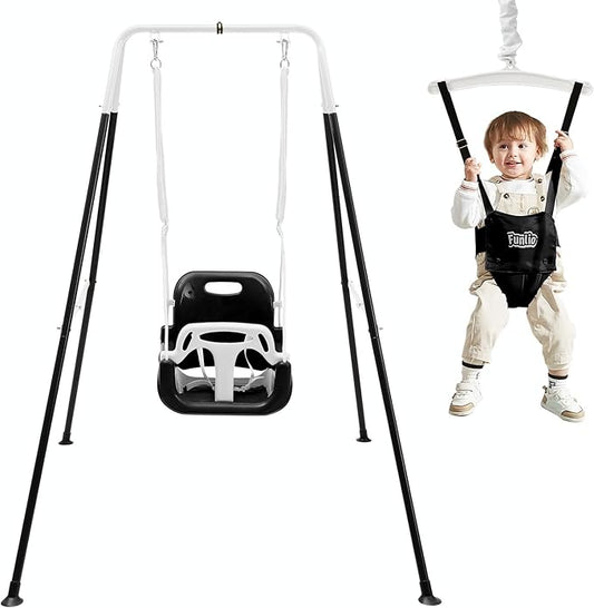FUNLIO 2 in 1 Swing Set for Toddler & Baby Jumper, Heavy Duty Kids Swing & Bouncer with 4 Sandbags, Foldable Metal Stand for Indoor/Outdoor Play, Easy to Assemble and Store - Black