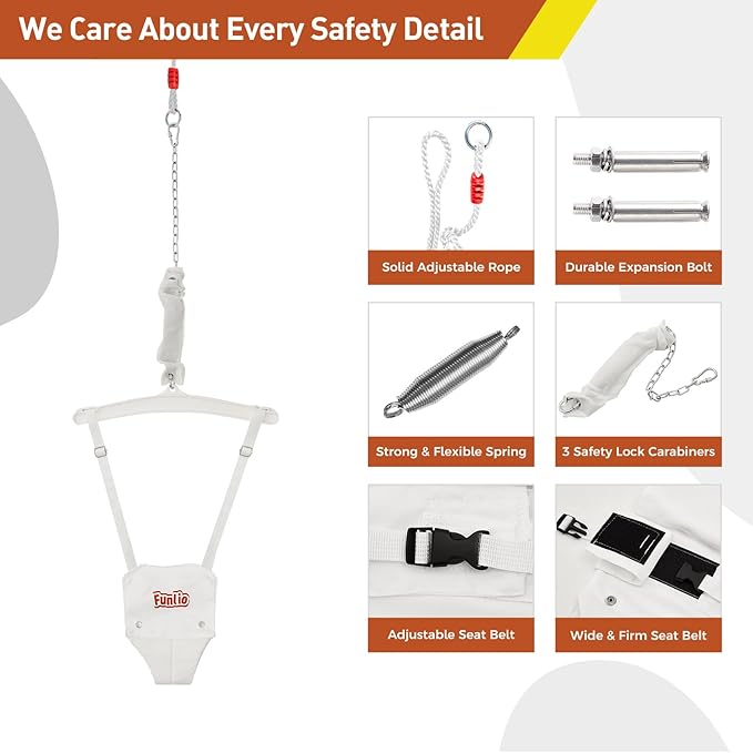 FUNLIO Baby Jumper with a Ceiling Hook for 6-24 Months, Infant Jumper Doorway with Adjustable Chain, Baby Door Jumper for Indoor/Outdoor Play, Easy to Assemble & Store (with a Ceiling Hook) - White