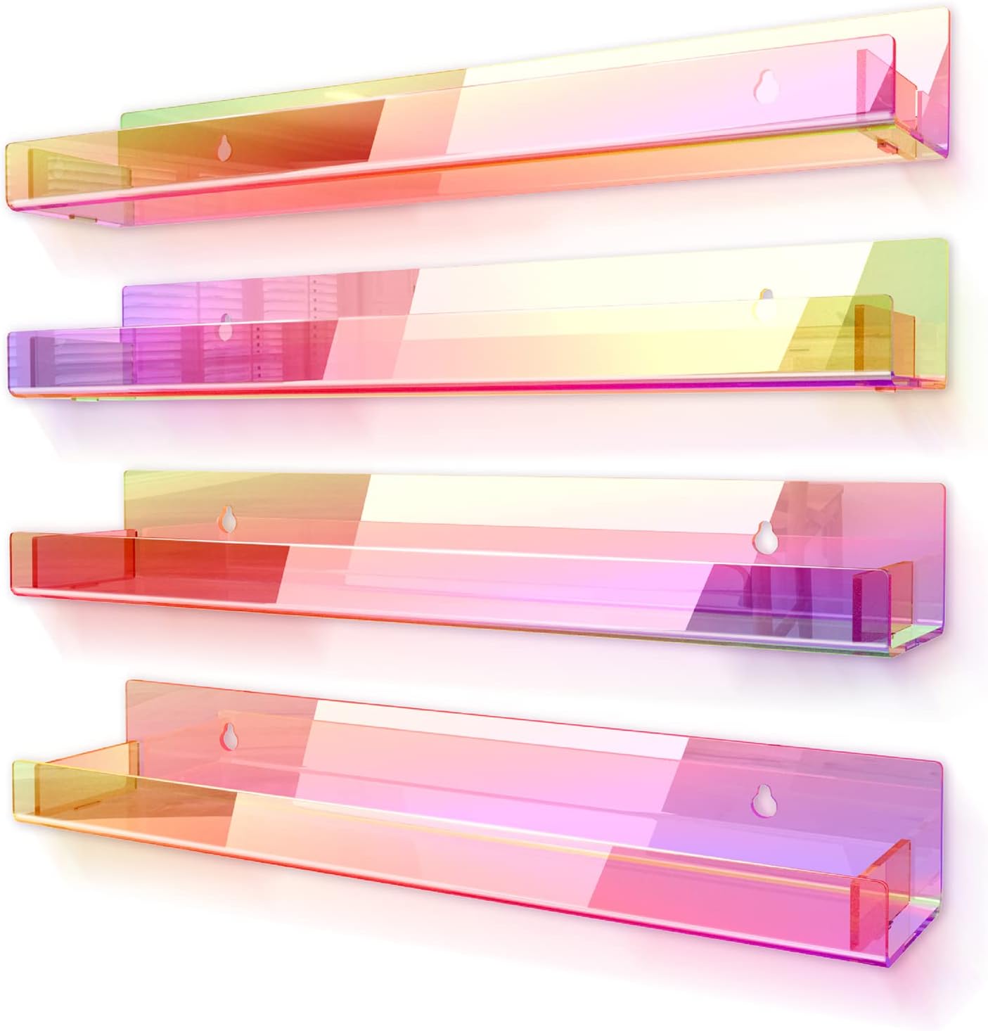4 Pack 15 Inch Iridescent Acrylic Shelves, Clear Rainbow Floating Shelves for Wall, Modern Sunglasses Essential Oil Picture Ledge Display Toy Storage Wall Shelf