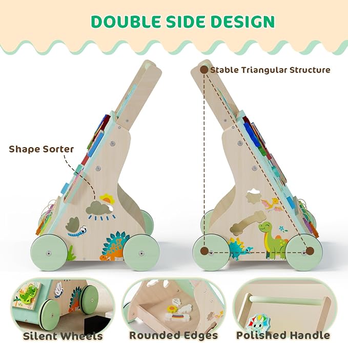 Wooden Baby Walker, Dinosaur Toddler Push Walker, Montessori Learning Activity Center for Boys Girls, Develops Motor Skills Sit-to-Stand Toys Multifunctional Educational Gifts for Kids Infant