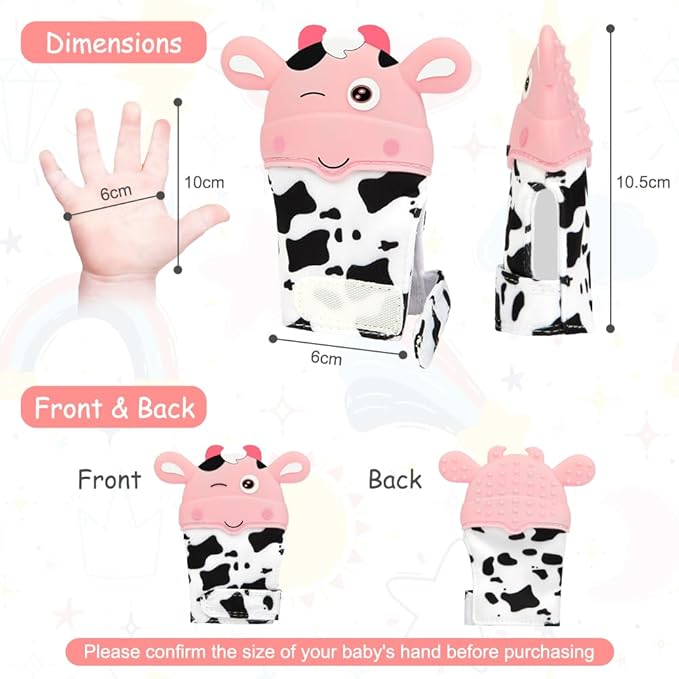 2Pack Silicone Teething Mitt, Cow Baby Teething Toy for 0-6 6-12 Months, Food Grade Silicone Infant Teething Mitten, BPA-Free Baby Chew Toys for Pain Relief, Sucking Needs
