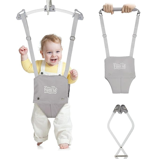 FUNLIO 2 in 1 Baby Door Jumper with Door Clamp, Baby Walking Harness for 6-24 Months, Infant Jumper Doorway with Strong Spring & Adjustable Strap, Easy to Assemble & Store - Grey