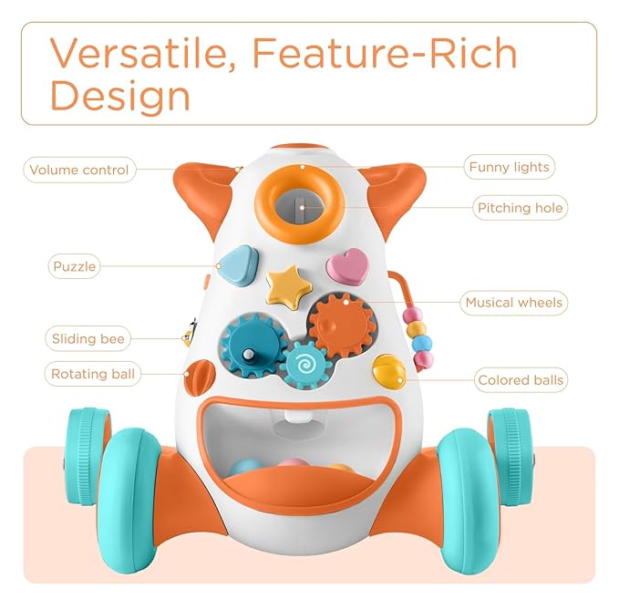KÜB Montessori Baby Walker - Interactive Push Toy for Toddlers Learning to Walk with Soft Music & Lights, Adjustable Speed & Non-Slip Wheels, Educational Activity Center