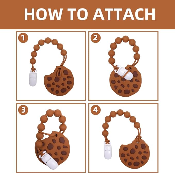 Baby Food Grade Silicone Teether Toy with One Piece Design Pacifier Clip Holder,Teething Toys Gift Set for 3 Months+ Boys and Girls,Freezer Safe,BPA Free. (Cookie)