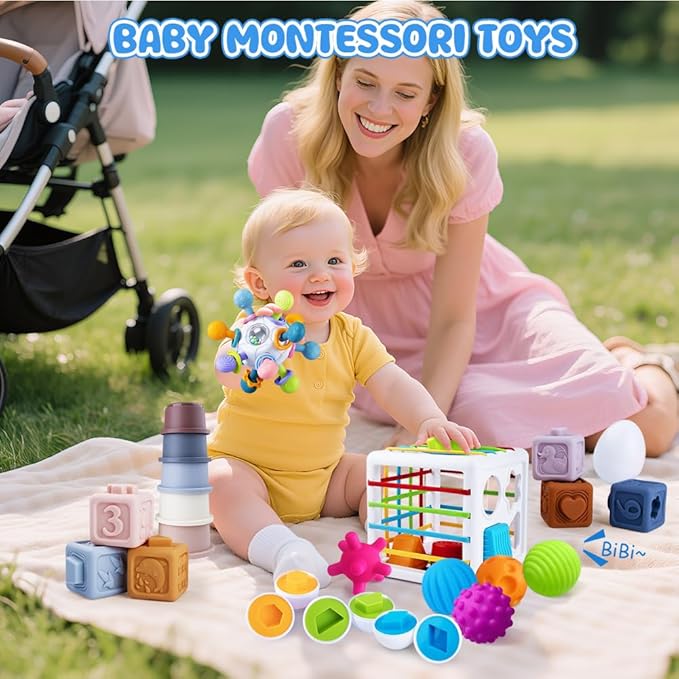 6 in 1 Baby Toys 6 to 12 Months, Montessori Toy for 1 Year Old, Infant Teething Toy Stacking Blocks Cups,Sorting Sensory Bin, Matching Egg Sensory Ball Educational Learning Gift for Toddlers Aged 1-3