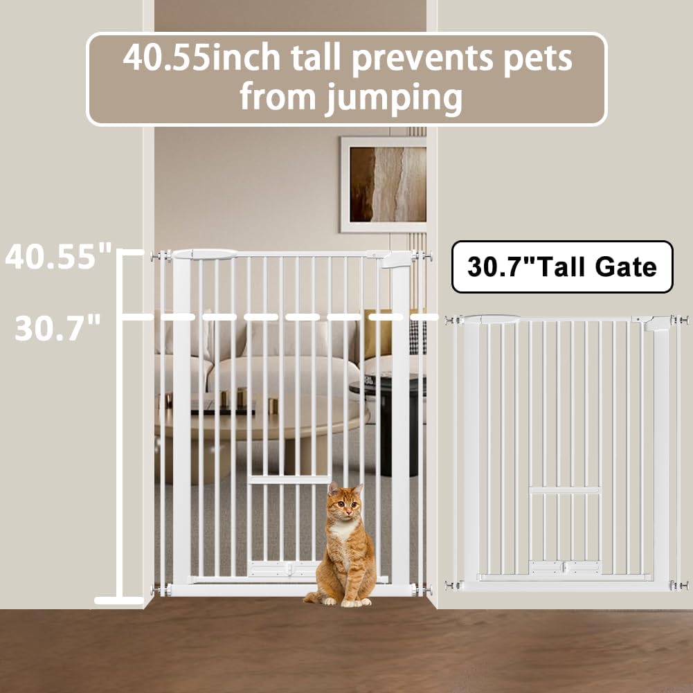 40.55" Tall 1.37" Ultra Narrow Spacing 57.68-73.43" Extra Wide Dogs Pets Baby Gate with Cat Door for Doorway Safety Proof Indoor Puppy Pressure Mounted No Drill White Black Metal Hallway