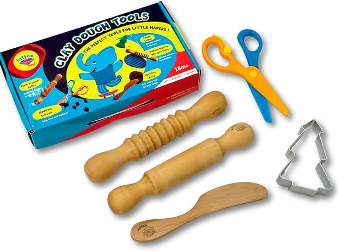 Dough Tools Set of 5 - Sculpting Tools to Roll, Cut, Flatten | Wooden Rollers & Knife | Child-Safe Scissor | Pretend Play Kitchen | Clay Mould for Kids Ages 2-7 | Art & Craft