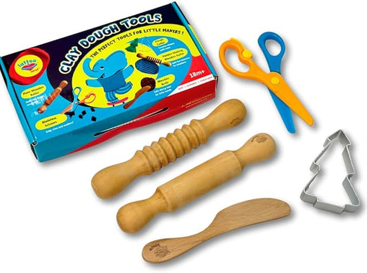 Dough Tools Set of 5 - Sculpting Tools to Roll, Cut, Flatten | Wooden Rollers & Knife | Child-Safe Scissor | Pretend Play Kitchen | Clay Mould for Kids Ages 2-7 | Art & Craft