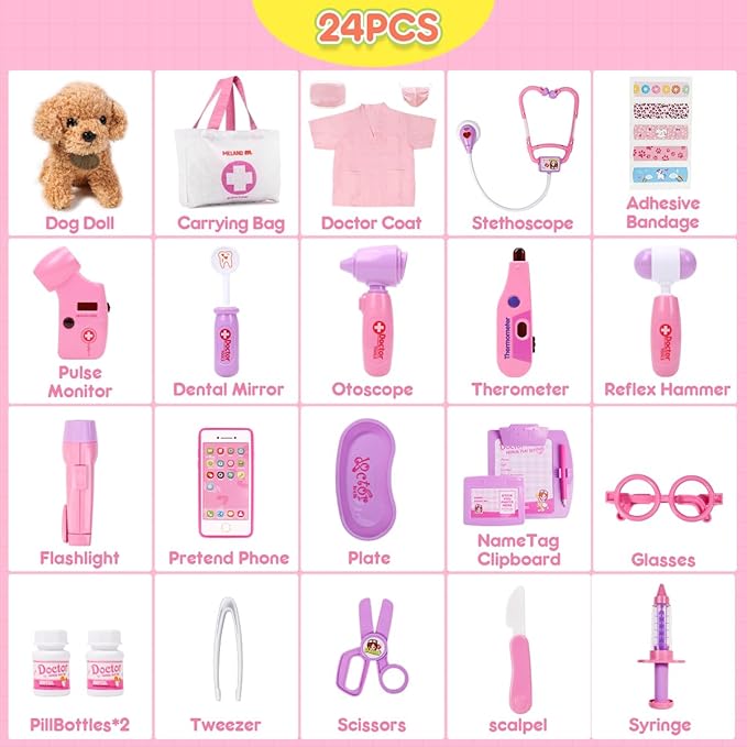 Meland Toy Doctor Kit for Girls, Pretend Play Toy Doctor Set with Dog , Carrying Bag, Stethoscope & Dress Up Costume Gift for Kids Toddlers Ages 3 4 5 6 Year Old for Role Play