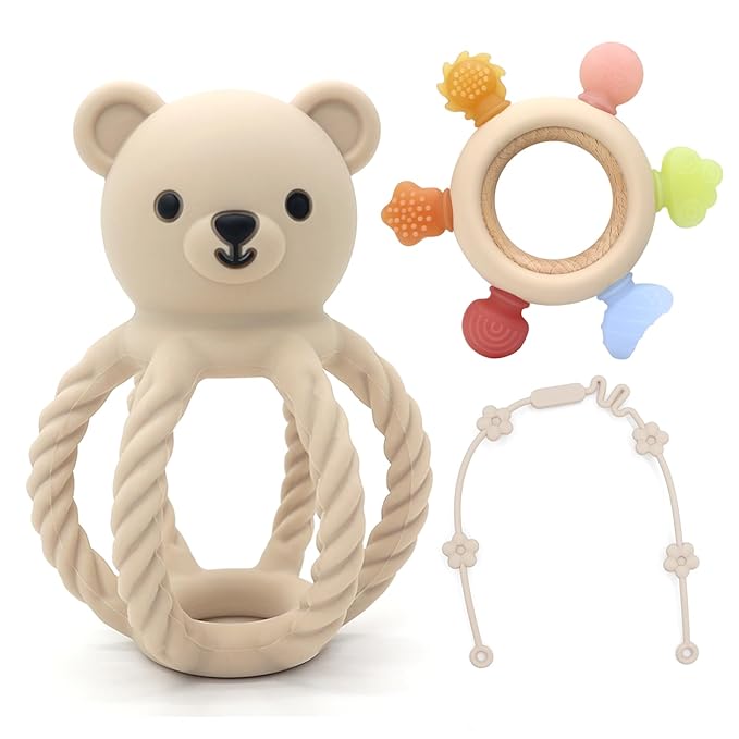 3Pcs Baby Silicone Teether Toy Set - Food-Grade Silicone Teething Relief Toys,Wooden Ring Teether Cute Bear Toy and Toy Straps for Babies 3-12 Months (Bright Beige)