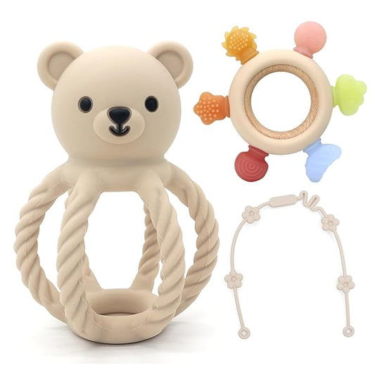 3Pcs Baby Silicone Teether Toy Set - Food-Grade Silicone Teething Relief Toys,Wooden Ring Teether Cute Bear Toy and Toy Straps for Babies 3-12 Months (Bright Beige)