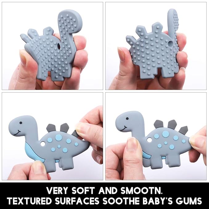 Baby Food Grade Silicone Teether Toy with Pacifier Clip Holder,Teething Toys Gift Set for 3 Months+ Boys and Girls,Freezer Safe,BPA Free. (Gray Dinosaur)